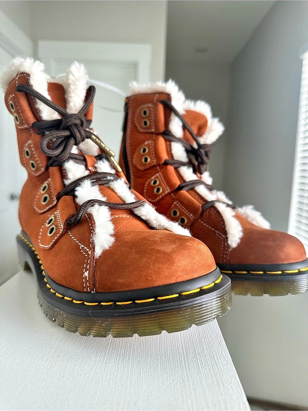 Dr. Martens 1460 Faux Fur Trim Ghillie Boot Brown & White US 9